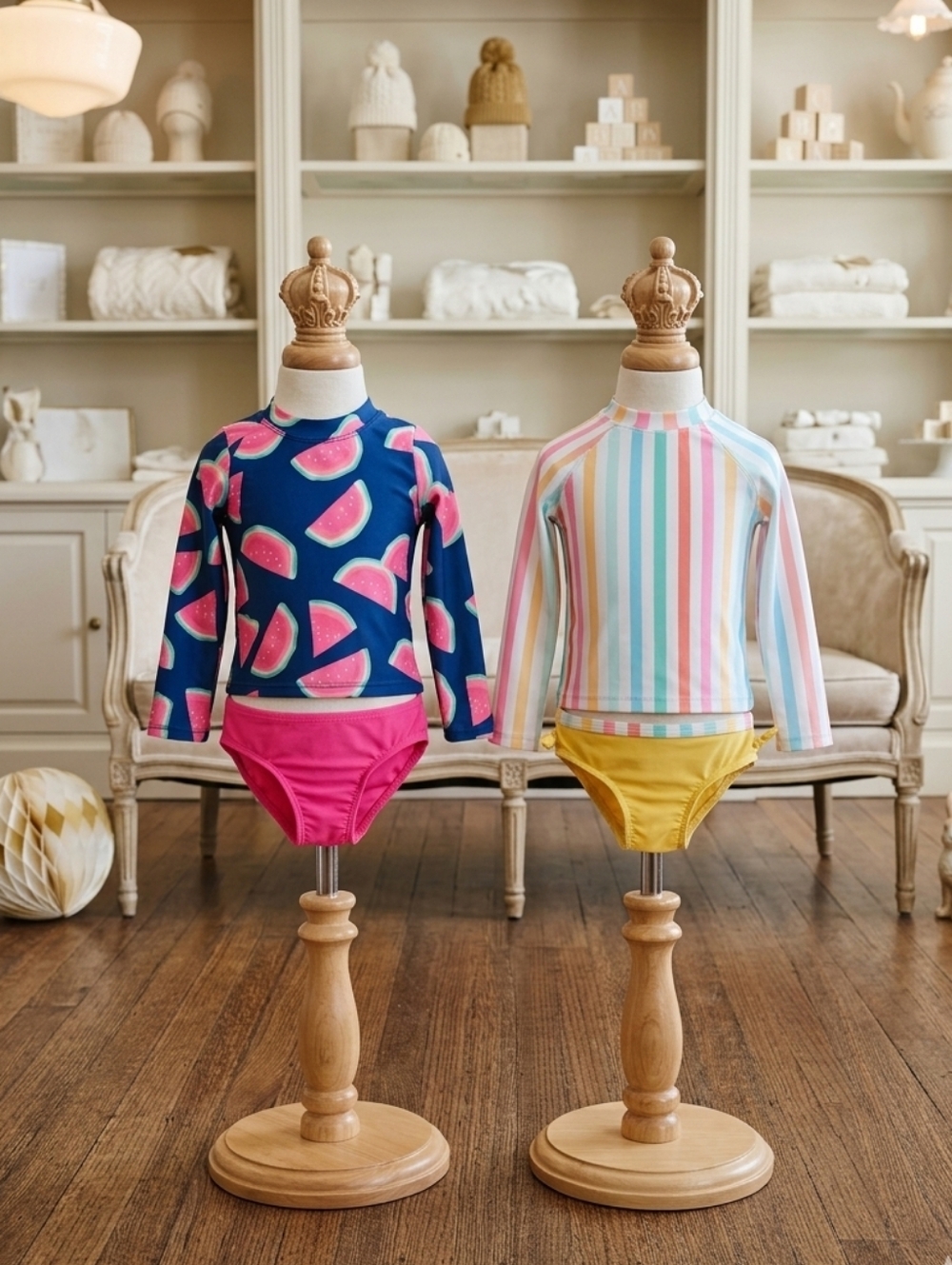 Wonder Nation 2T Girls 2pc Swimsuit Bundle Long Sleeve Watermelon & Stripe